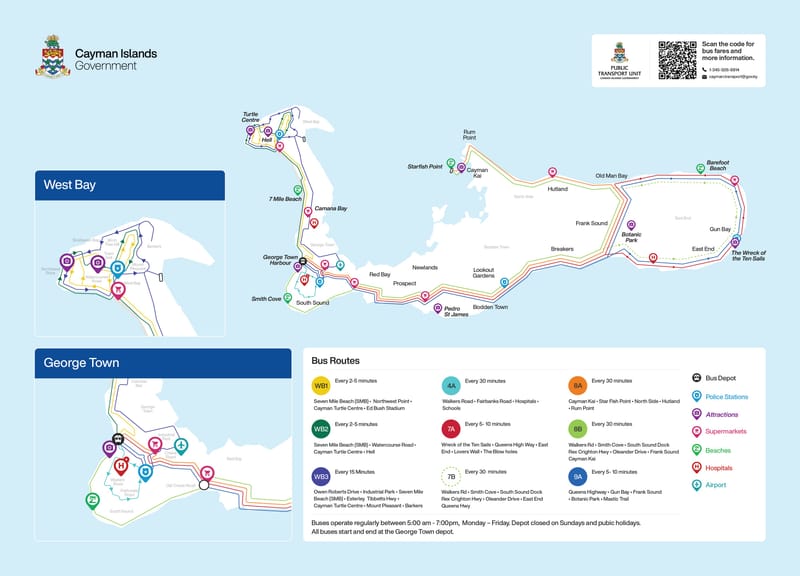 Official Cayman Public Transport map showing all 9 numbered routes (route 7B suspended) from George Town