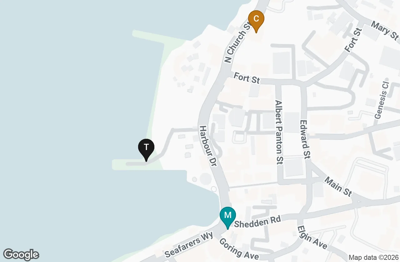 Map of the George Town waterfront. T marks the tender landing on Harbour Drive, C marks the Craft Market north on North Church Street, and M marks the national museum to the south.